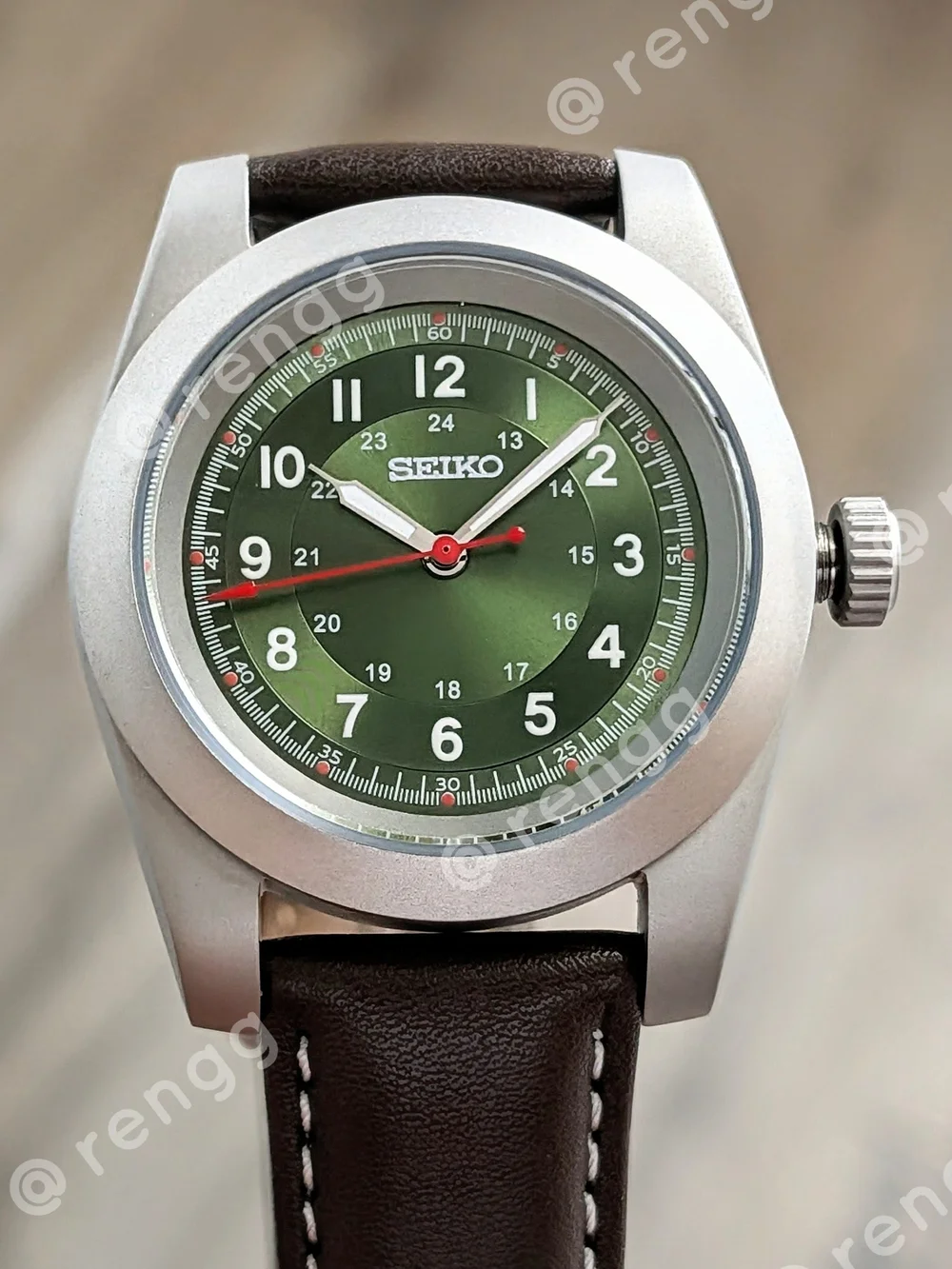 Sandblasted Seiko Green Olive Dial Field Mod Watch Sapphire Smooth Sweep Second